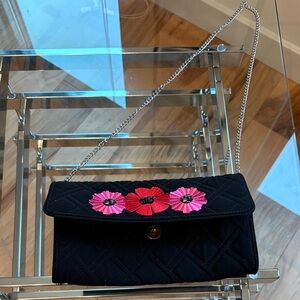 Vera Bradley Celebration Clutch Black Quilted Crossbody Pink Blossoms Embroidery